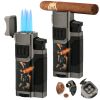 Cigar Lighter 4 Torch Jet Flame,Cigar Punch & Holder & Draw Enhancer,Refillable Torch Lighter,Multi-Functional Cigar Accessories