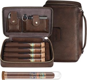 Travel Cigar Humidor Portable Travel Cigar Case with 4 Cigar Tube, Leather Travel Cigar Humidor Include Cigar Cutter