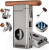 Scotte Cigar Lighter 4 Jet Flame,Refillable Butane Lighter with Cigar Cutter V Cut Cigar Punch Cigar Holder Cigar Draw Enhancer