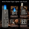 Cigar Lighter and Cutter Set, Torch Lighter Built in Cigar Punch,V Cut with Dual Cigar Stand,Cigar Draw Enhancer,Butane Lighter