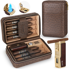 Scotte Cigar Humidor Box Cigar Lighter Cedar Wood Lined Leather Cigar Case Built in Hygrometer Humidifier with Cigar Holder Kit (Color: Brown)