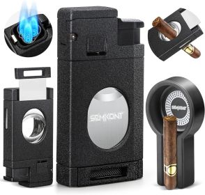 Cigar Lighter Triple Jet Flame Cigar Cutter Windproof Butane Refillable Torch Lighters 2 in 1 Multifunctional Ashtray Set (Color: black)