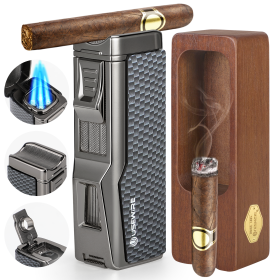 Cigar Lighter Ashtray Set 4 Jet Flame Windproof Lighters With Cigar Holder Cigar Punch Refillable Butane Cigar Accessories (Color: Silvery)