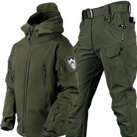 Outdoor Shark Skin Warmth Jackets Pants Set Men Tactical Camo Autumn Winter Thickened Coat Soft Shell Large Size Jacket (Color: green)